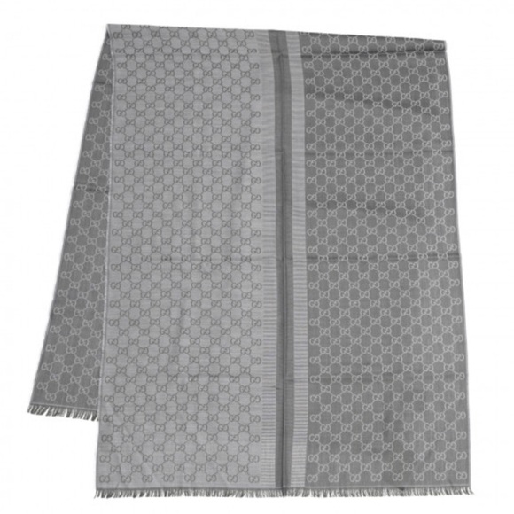 GUCCI Wool Silk Monogram GGWeblong Fringe Scarf Shawl “Pearl Medium Grey” - Picture 3 of 9
